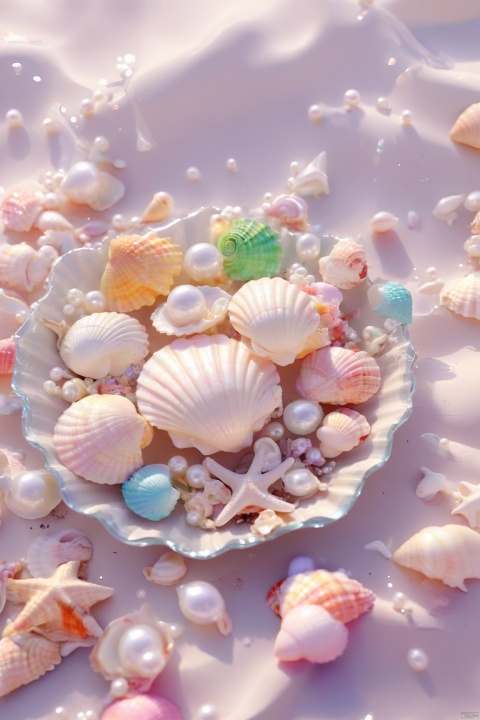 pearl_shell,(shiny,Colorful shiny seashells),still life,pearl,shell,beach,ocean, Succulent_Plants, weijin_hanfu, candy-coated