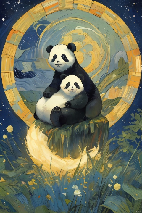 A panda under a starry sky, in the style of painter Vincent Van Gogh, vibrant illustrations, cute, healing, fangao, MG xiongmao, backlight