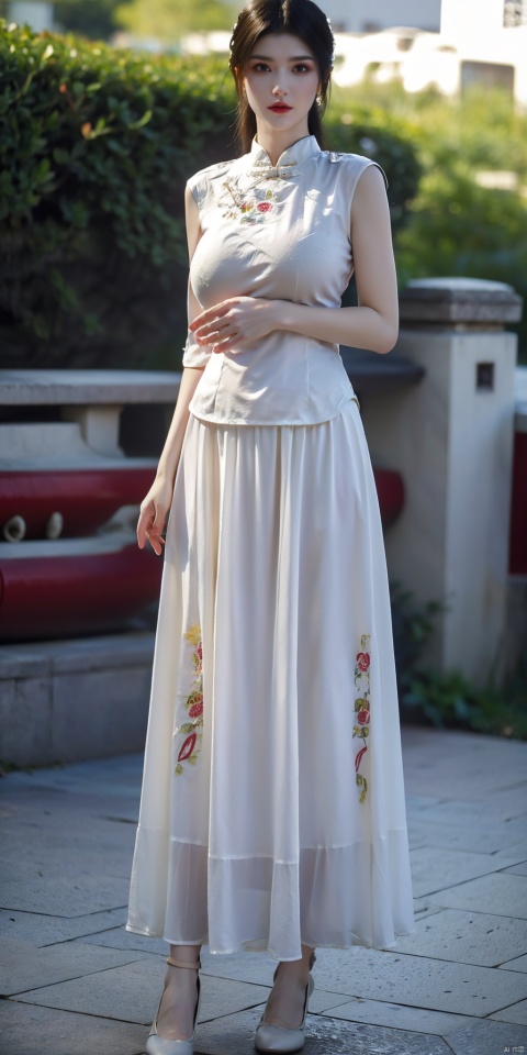 (yello printed chinese upshirt:1.1),(white long skirt),1 girl,full body,(big breasts:1.8), high heels,(short hair:1.1), (realistic:1.7),((best quality)),absurdres,(ultra high res),(photorealistic:1.6),photorealistic,octane render,(hyperrealistic:1.2), (big breasts:1.8), (photorealistic face:1.2), (8k), (4k), (Masterpiece),(realistic skin texture), (illustration, cinematic lighting,wallpaper),( beautiful eyes:1.2),((((perfect face)))),(cute),(standing),(black hair),(short hair), (outdoors), , long skirt, QIPAO,, (big breasts:1.8),1girl