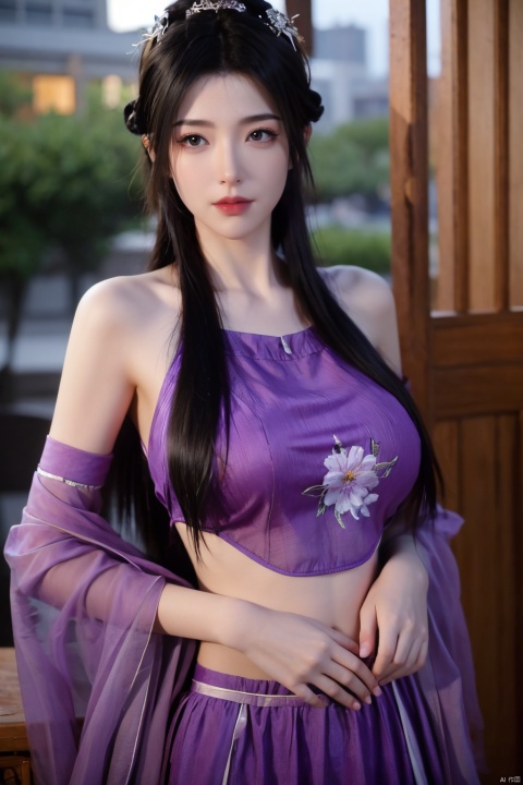  1girl, navel, solo, midriff, bare shoulders, lantern, hair ornament, flower, hair flower, paper lantern, black hair, red lips, looking at viewer, chinese clothes, (purple dress), purple eyes,blurry, solo focus, long hair, lips, night, lipstick, outdoors, upper body, blurry,(huge breasts:1.23), background, solo, makeup, hair bun, Hashimoto_Kanna
