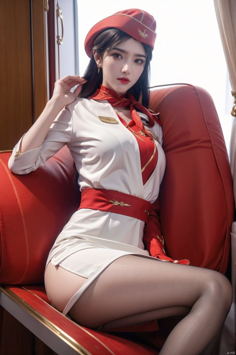 1girl,red lips, hat, thighs,Stewardess,chinese_clothes,white_dress,glasses