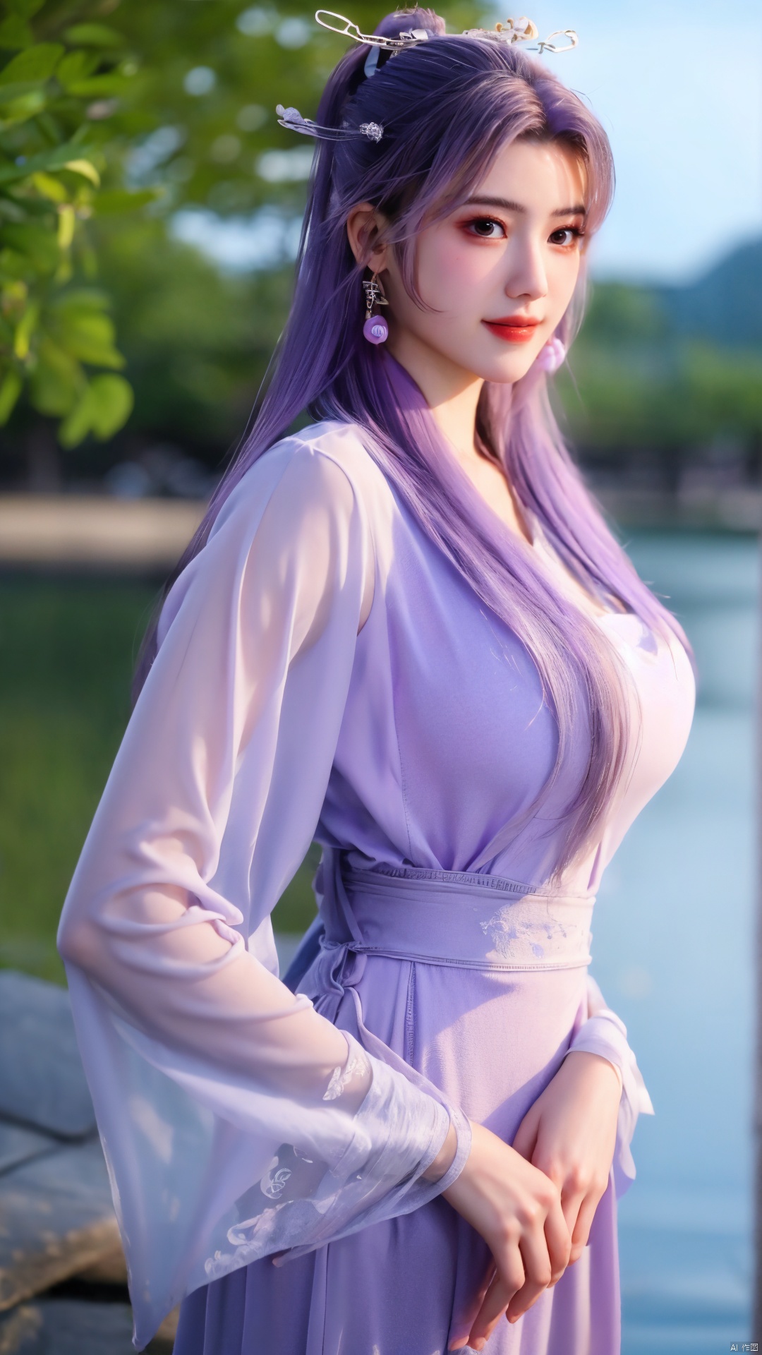 Quality,Depth of field,kind smile,looking_at_viewer,Dynamic pose,(big breasts:1.39), 1girl, purple hair, long hair, hair ornament, , solo, dress, earrings, jewelry, hair bun, Yunxiao_Fairy, hanfu, Water_butterfly