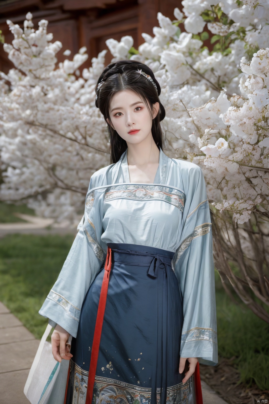 ming_hanfu,1girl,(spring,flowers:1.2),looking_at_viewer,,(big breasts:1.29), hanfu, QIEMANCN