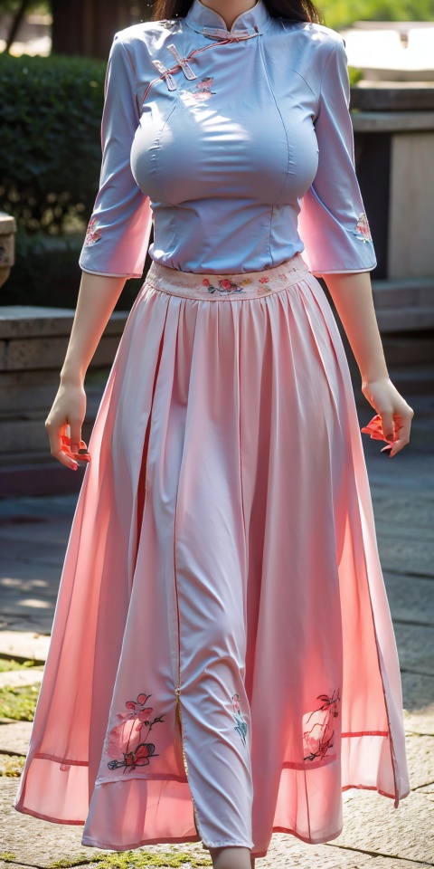 (pink|blue printed chinese upshirt:1.1),
BREAK,
(red long skirt:1.29),1 girl,(big breasts:1.8), high heels,(short hair:1.1), (realistic:1.7),((best quality)),absurdres,(ultra high res),full body,(photorealistic:1.6),photorealistic,octane render,(hyperrealistic:1.2), (big breasts:1.8), (photorealistic face:1.2), (8k), (4k), (Masterpiece),(realistic skin texture), (illustration, cinematic lighting,wallpaper),( beautiful eyes:1.2),(perfect face:1.5),(cute),(standing),(black hair),(very long hair), (outdoors),long skirt, QIPAO,, (big breasts:1.89),1girl