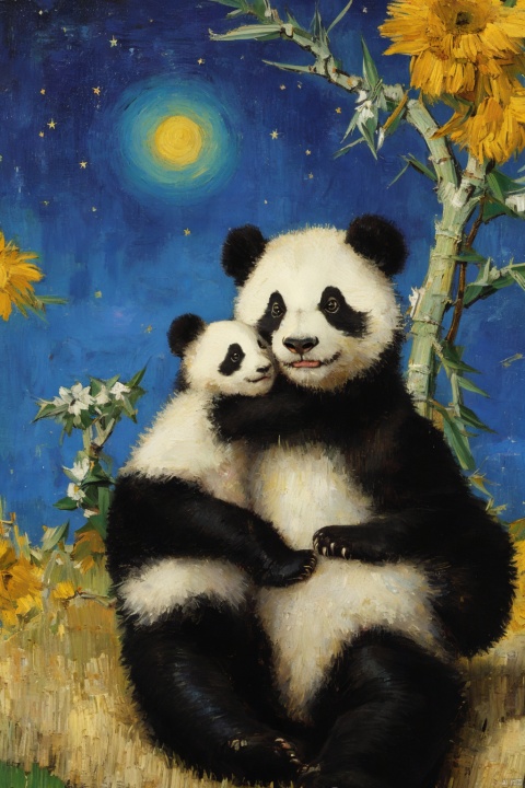 A panda under a starry sky, in the style of painter Vincent Van Gogh, vibrant illustrations, cute, healing