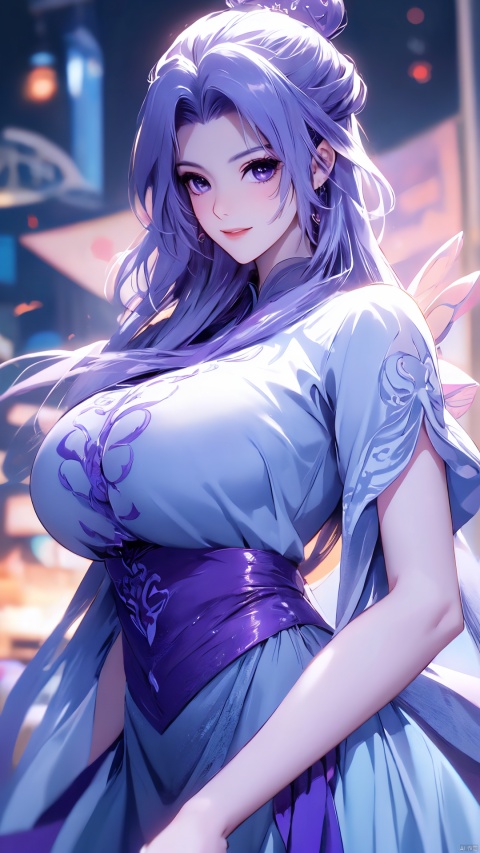  cowboy_shot,(Good structure), Quality,Depth of field,kind smile,looking_at_viewer,Dynamic pose, 
yunxiao, 1girl, purple hair, long hair, hair ornament, , solo, dress, earrings, jewelry, hair bun, Yunxiao_Fairy,(big breasts:1.39)