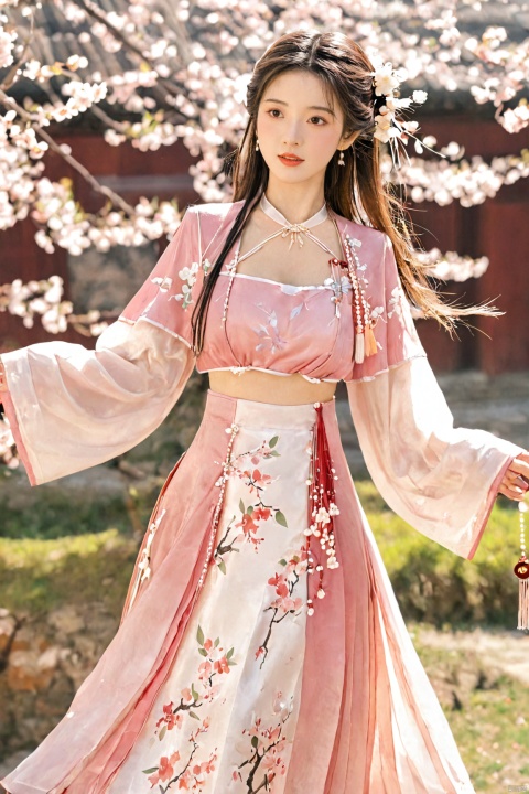  A girl,skirt,jewelry,long_hair,necklace,earrings,perfect body,standing,large breasts,looking at viewer,chinese clothes,china dress,hanfu,cherry_blossoms,in spring,sunny,sunny,wind,cloud,bright,
, ming_hanfu, daxiushan, New Chinese_Hanfu
