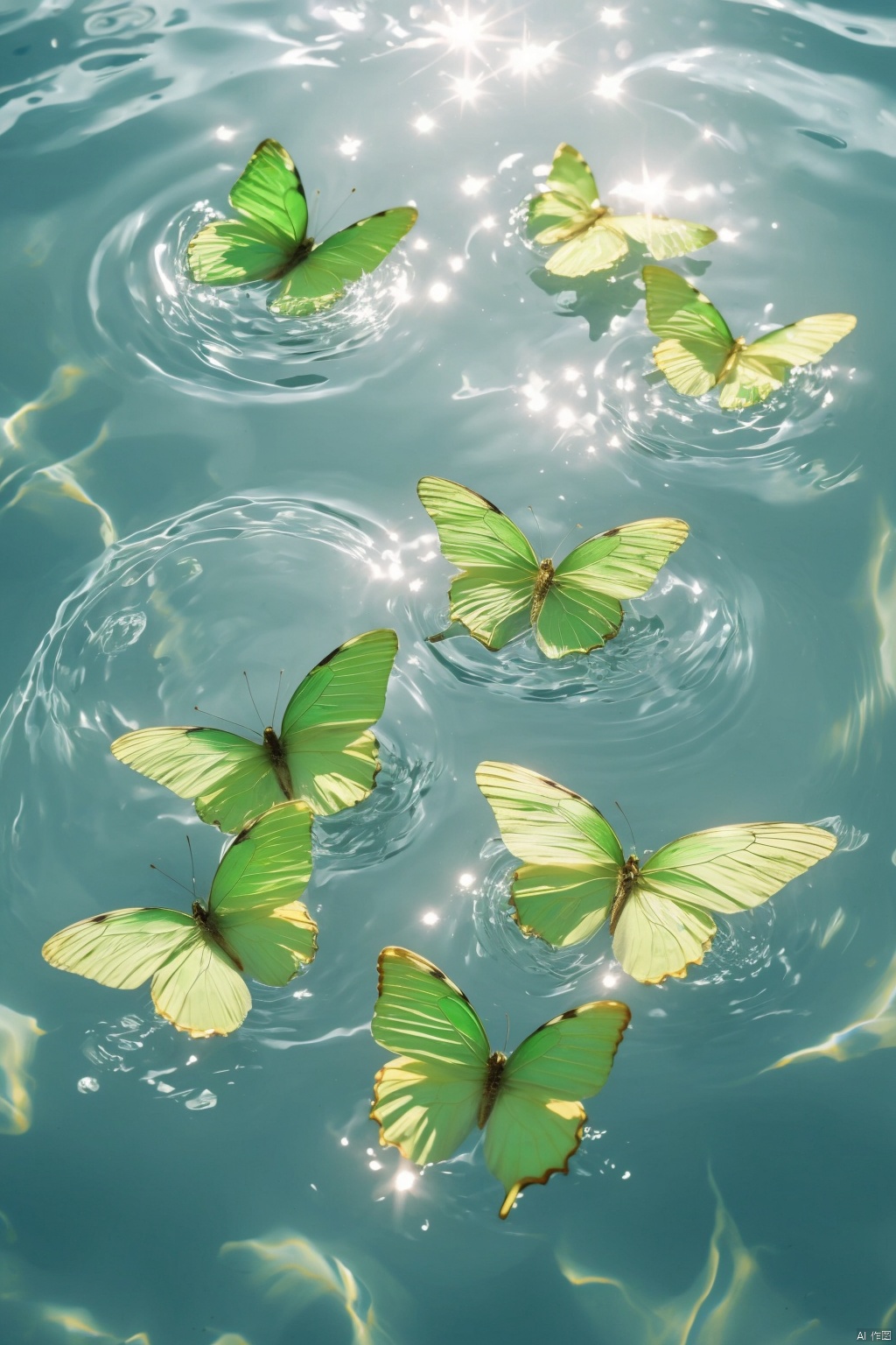  Water_butterfly,green butterfly,water,water ripples