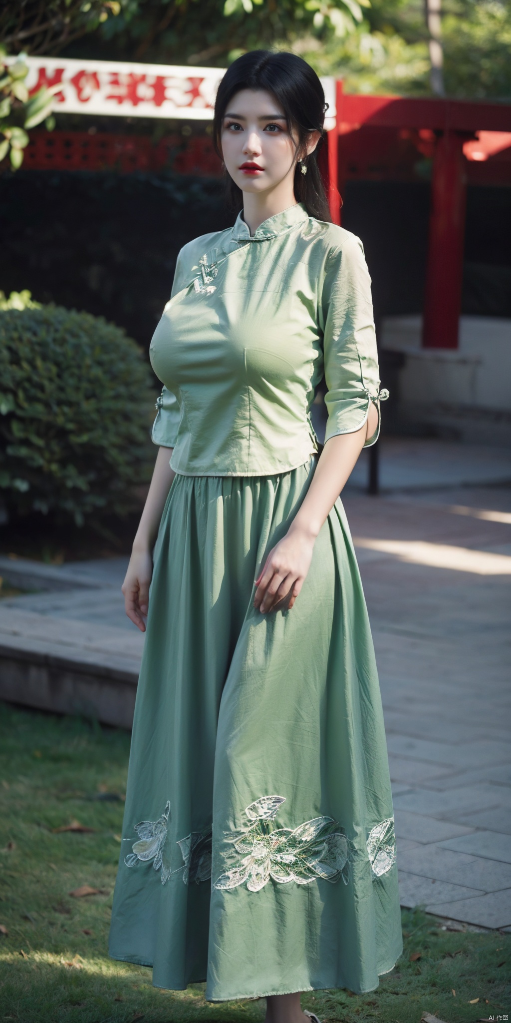  (light green printed chinese upshirt),(white green long skirt),1 girl,(big breasts:1.69), high heels,(short hair:1.1), (realistic:1.7),((best quality)),absurdres,(ultra high res),(photorealistic:1.6),photorealistic,octane render,(hyperrealistic:1.2), (big breasts:1.7), (photorealistic face:1.2), (8k), (4k), (Masterpiece),(realistic skin texture), (illustration, cinematic lighting,wallpaper),( beautiful eyes:1.2),((((perfect face)))),(cute),(standing),(black hair),(short hair), (outdoors), , long skirt, QIPAO,, (big breasts:1.89), , 1girl