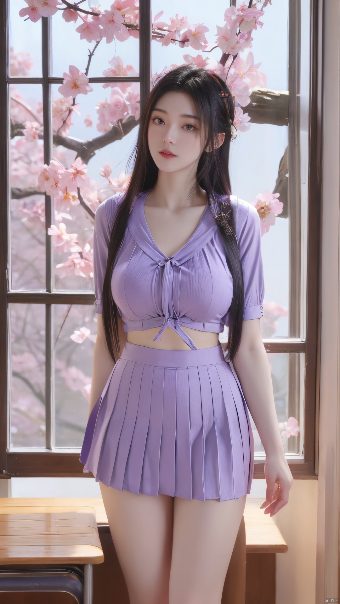  Best quality,masterpiece,1girl,(light purple business shirt:1.2), (huge breasts:1.59),(pink Tie:1.1), (Exposed thighs:1.3), (mini skirt:1.3), (pleated skirt:1.3),1 girl,(Cherry blossoms in front of the classroom window:1.39),(huge breasts:1.68),