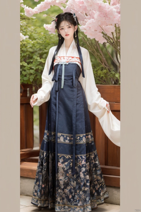 ming_hanfu,1girl,(spring,flowers:1.2),looking_at_viewer,,(big breasts:1.29), hanfu, QIEMANCN