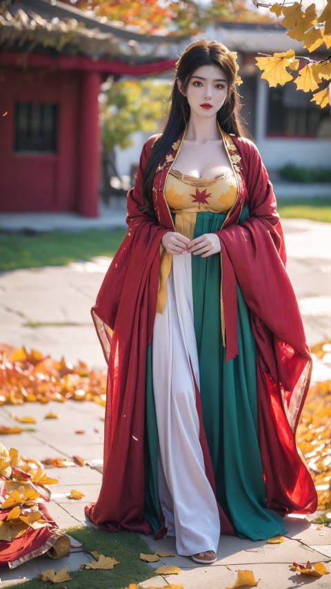  arien_hanfu,1girl,(In autumn, the falling leaves cover the ground with golden ginkgo leaves:1.2),looking_at_viewer,(big breasts:1.2)