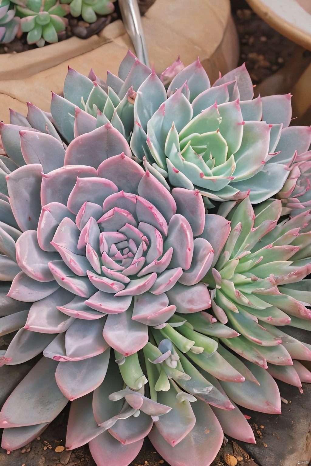 Succulent_Plants,succulent plants,pink-blue-red-purple-green theme,close-up, macro shot, outdoor