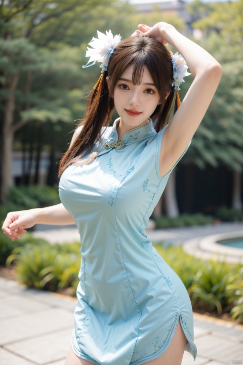 best quality, masterpiece,Depth of field,kind smile,looking_at_viewer,Dynamic pose,RAW photo,1girl,Xcheongsam,(big breasts:1.29),
