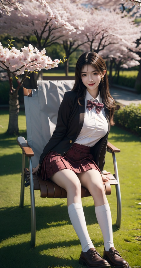masterpiece,best quality,extremely detailed 8K wallpaper,1girl,JK,plaid skirt,school uniform,brown shoes,sitting,smile, JK, (big breasts:1.39), ((poakl)),upper body,(Sitting in a park chair:1.3),(Under the cherry trees in the university campus garden:1.3)