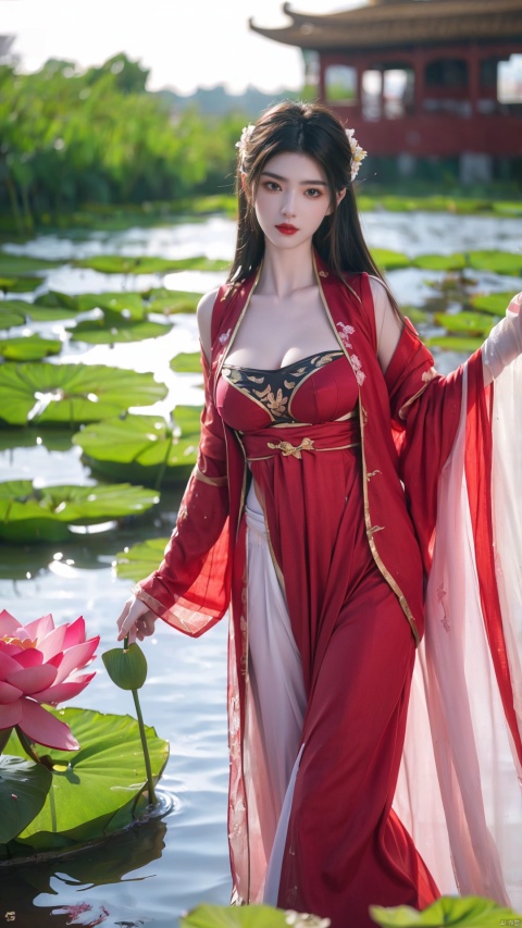  arien_hanfu,1girl,(In summer, the lotus pond is full of lotus flowers:1.2),looking_at_viewer,(big breasts:1.2)