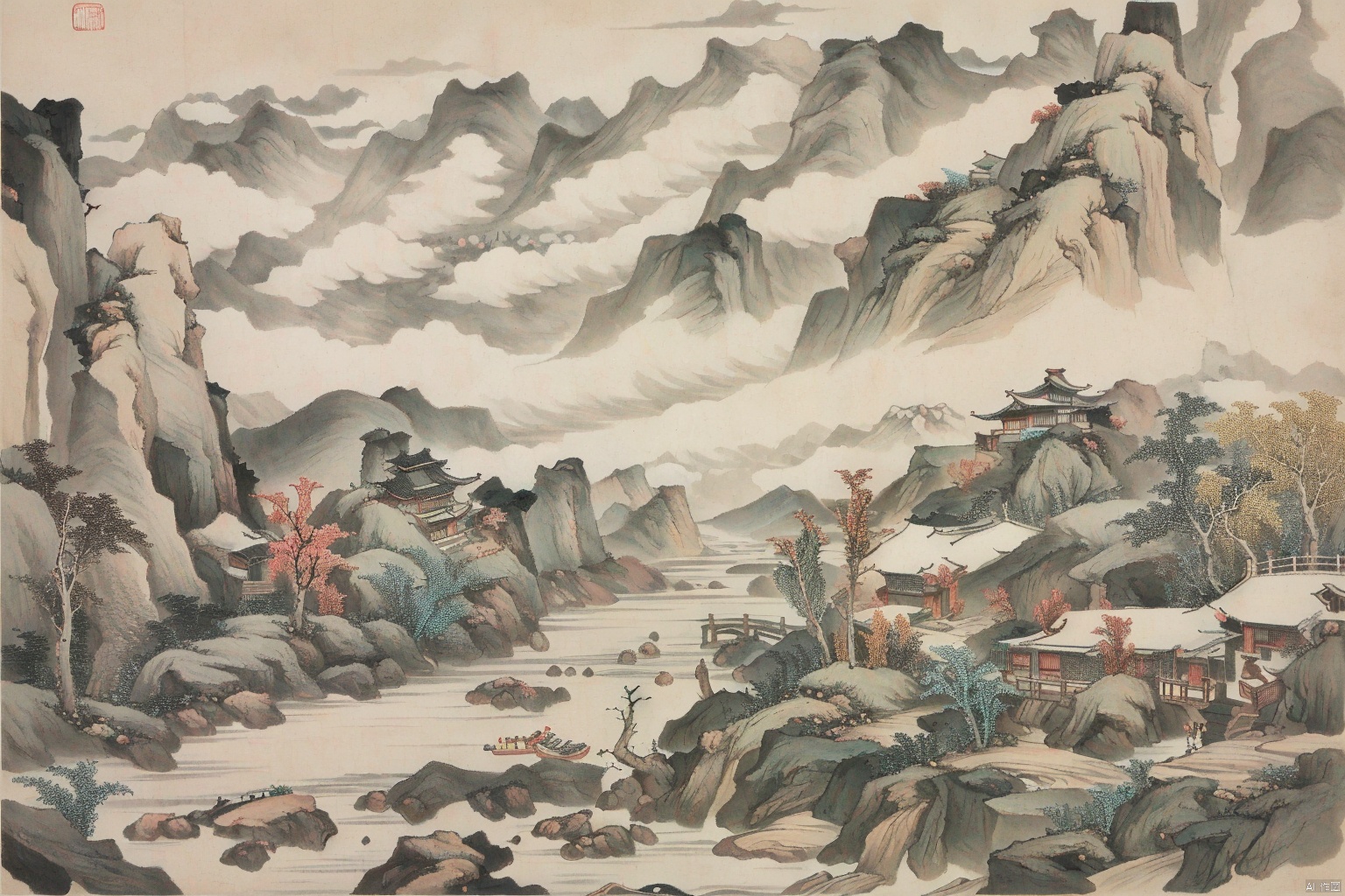  Chinese style ink landscape painting, trees, mountains, rivers, huts, boats, gf, Ancient costume
