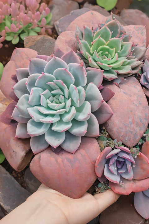 Succulent_Plants,succulent plants,(pink-blue-red-purple-green leaf),close-up, macro shot, outdoor