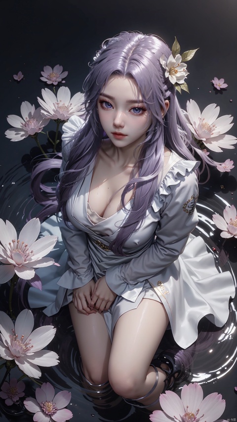  purple element,looking from above,above the knee,appear on camera,blue eyes,white_flower,XYunxiao
