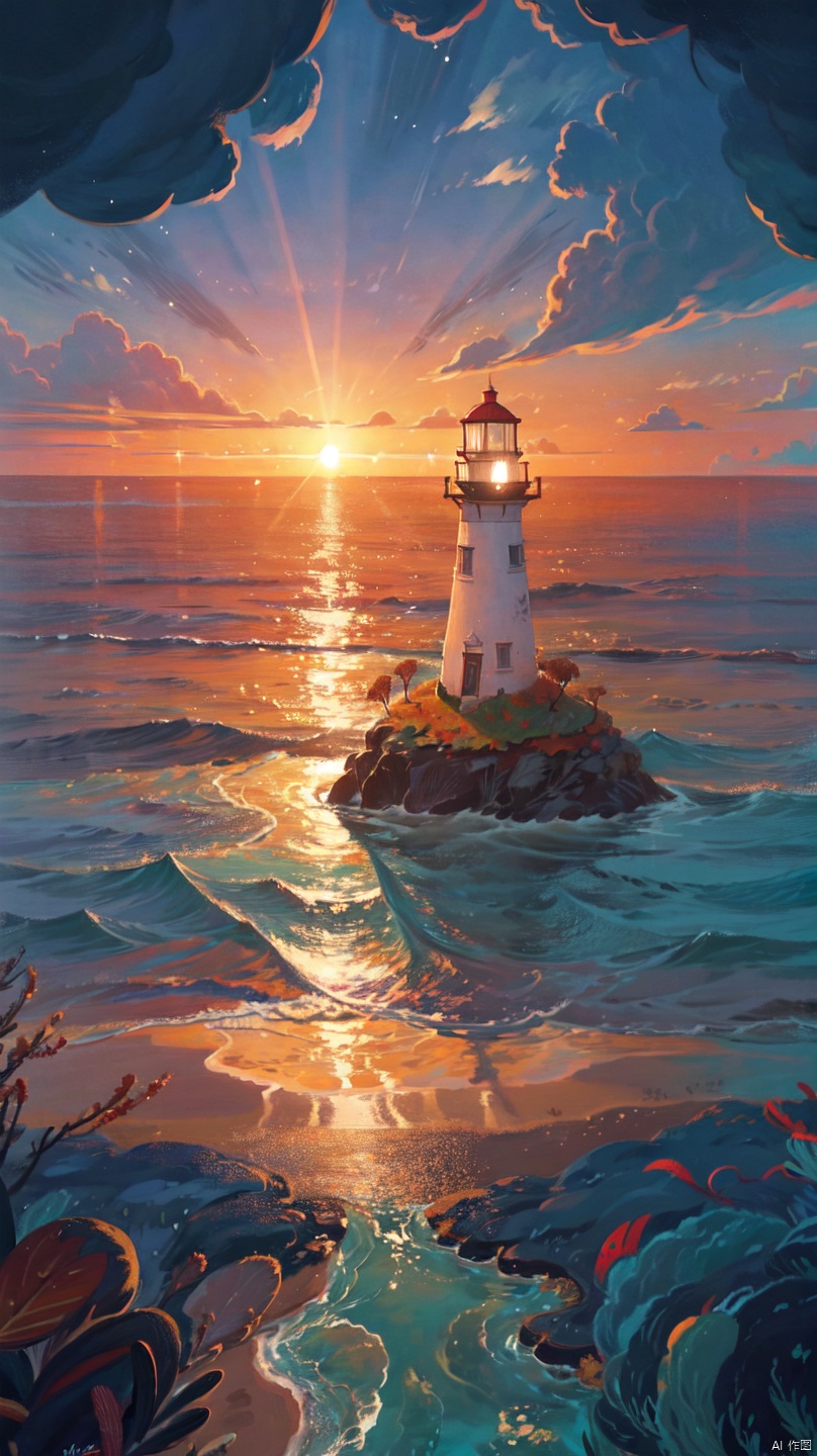  (from above:1.2), (seaside,autumn,:1.2), Wide sea,horizon,There is a small lighthouse on the small bridge, no people,nobody,sunset,cloud,
very detailed , realistic details , light particle effect, excellent work, extremely elaborate picture description,8k wallpaper, obvious light and shadow effects, ray tracing, obvious layers, depth of field, best quality,