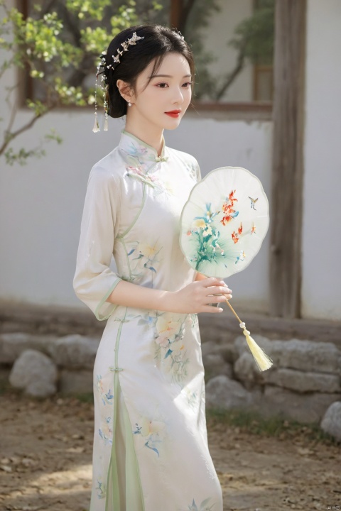  1girl, flower, solo, black hair, chinese clothes, hair ornament, hair flower, smile, indoors, vase, full body, red lips, holding, hand fan, long sleeves, blurry, own hands together, (big breast:1.89),cheongsam, X-Cheongsam, Lace_dress, X-aurora, song_hanfu, fantasy_butterfly, desert_sky,hanfu