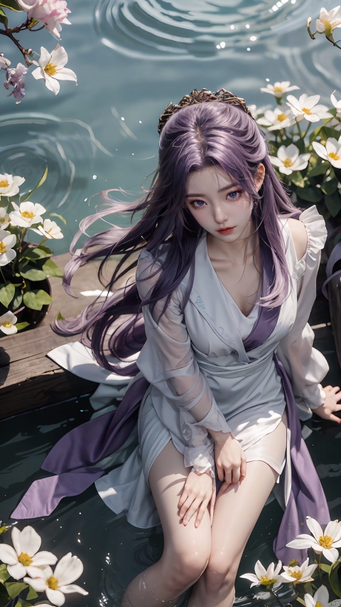  purple element,looking from above,above the knee,appear on camera,blue eyes,white_flower,XYunxiao,