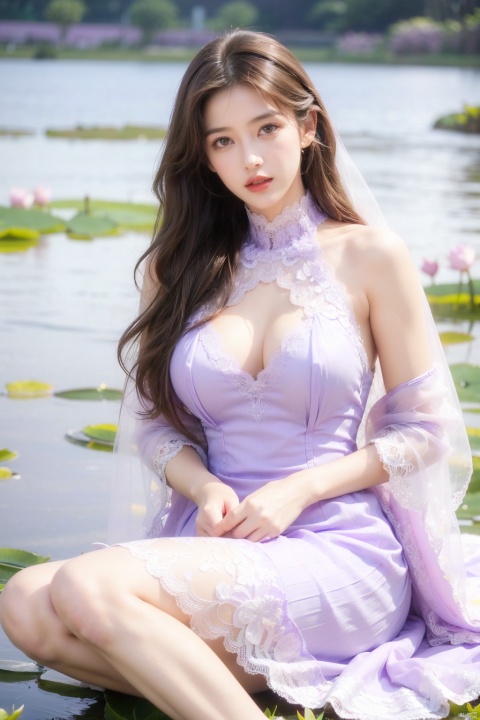  1girl, solo, long hair, looking at viewer, large breasts, brown hair,,masterpiece,1girl,(mature female:0.5),tall body,full body,golden proportions,(Kpop idol),(shiny skin:1.2),(oil skin:1.1),makeup,(close up),depth of field,(closed mouth:0.5),((long wavy brown hair)),(puffy eyes),(eyelashes:1.1),(parted lips:1.1),red lipstick,fantasy art style,dreamy light,(high neck purple wedding dress:1.59),(purple long wedding dress:1.39),(lace:1.49),perfect body,(dreamy veil:1.3),(dusk:1.2),(princess shoes:1.1),(diamond necklace),(crystal hairpin),tyndall effect,highres,(Sitting on the grass by the river:1.56), (lotus pond full of lotus flowers:1.59), (big breasts:2.12),(Flowers:1.69)