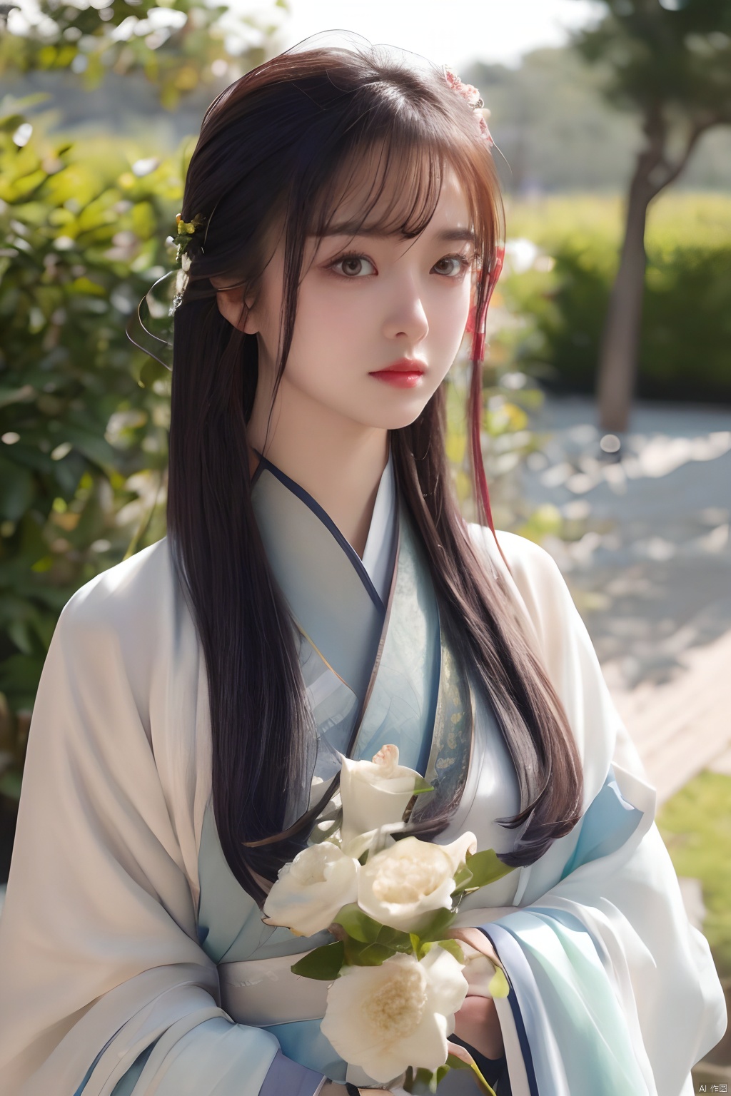  Best quality, masterpiece, ultra high res, (photorealistic:1.2), a girl,Depth of field,1girl,solo,Hashimoto_Kanna,school uniform, hanfu, calligraphic, song_hanfu