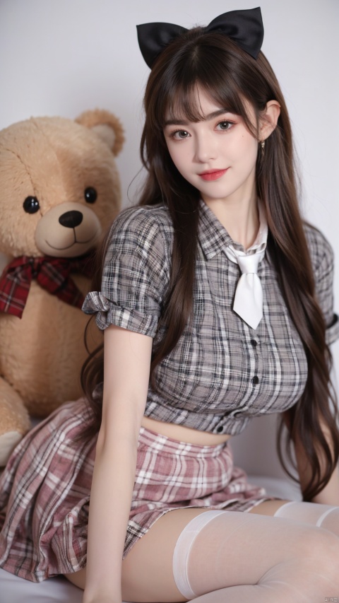  1girl, solo, stuffed toy, stuffed animal, long hair, bow, looking at viewer, hair bow, smile, black hair, ribbon, brown hair, teddy bear, bangs, mole,14 y.o.pink plaid skirt, necktie,white short sleeve shirt,white thighhighs, depth of field,big breasts