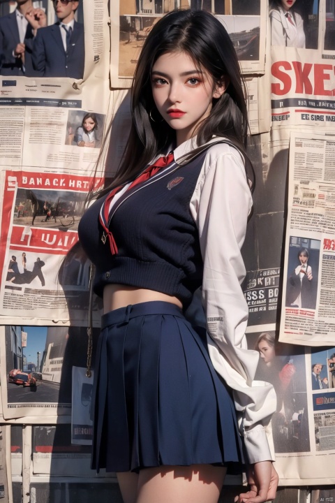  (masterpiece,top quality,best quality,official art,beautiful and aesthetic:1.2),
1girl,newspaper background,standing, looking at viewer,
 ,(jk_style,jk,school uniform),big breasts