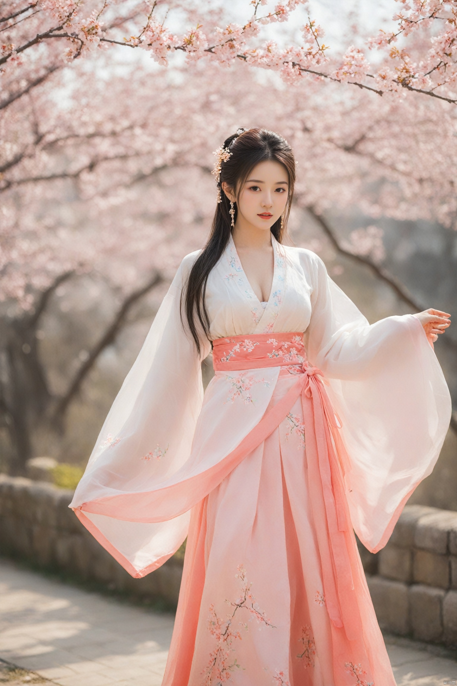  A girl,skirt,jewelry,long_hair,necklace,earrings,perfect body,standing,large breasts,looking at viewer,chinese clothes,china dress,hanfu,cherry_blossoms,in spring,sunny,sunny,wind,cloud,bright,
, ming_hanfu, daxiushan