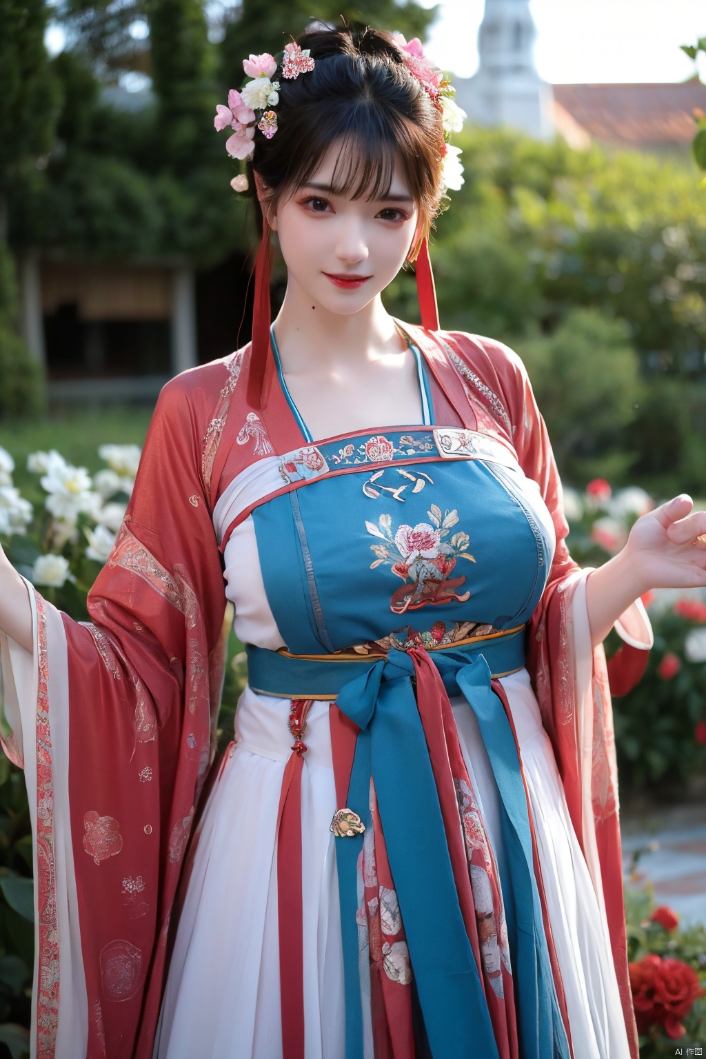 tang_hanfu,1girl,(spring,flowers:1.2),looking_at_viewer,,(big breasts:1.29), hanfu