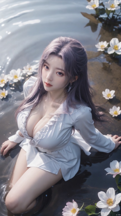  purple element,looking from above,above the knee,appear on camera,blue eyes,white_flower,XYunxiao,,(big breasts:1.19),1girl