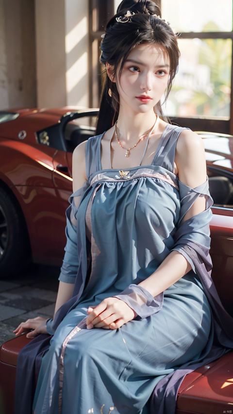  Realistic: 1.3, masterpiece, highest quality, high resolution, details: 1.2, 1 girl, Bun, hair clip, beautiful face, delicate eyes, diamond earrings, necklace, bracelet, Hanfu, elegant sitting in a sports car, aesthetics, movie lighting, ray tracing, depth of field, layering, fluttering, Hanfu, purple gauze, ((poakl)), 1girl, (big breasts:1.3),moyou