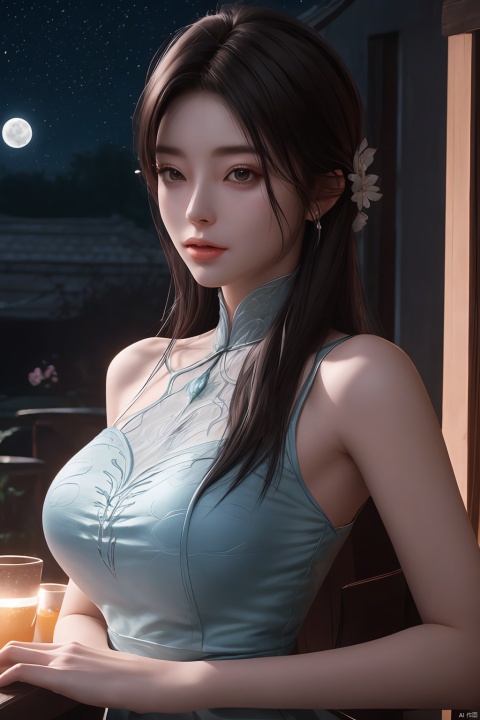 (1girl,best quality, ),looking at viewer,ultra detailed background,ultra realistic 8k cg ,masterpiece, cure blossom, full moon,night,night sky,  (big breasts),Xxiaoxuner,blue dress, ty-hd