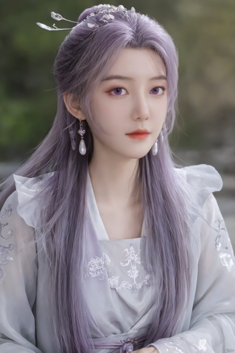  best quality,masterpiece,1girl,solo,long hair,looking at viewer,jewelry,closed mouth,purple eyes,upper body,purple hair,earrings,blurry,blurry background,sunlight,red lips,(big breasts:1.69), Yunxiao_xianzi, Brigitte Lin, X-aurora, pearl_shell, song_hanfu, fantasy_butterfly, Succulent_Plants, traditional chinese ink painting, hanfu, 2.5D
