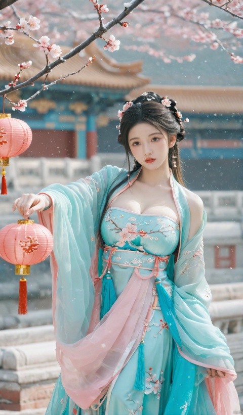 (pink|cyan hanfu),1girl,half,(Masterpiece:1.2), best quality, arien_hanfu,1girl, (falling_snow:1.39), looking_at_viewer,(big breasts:1.99),
BREAK,
Forbidden City, (plum blossoms:1.3),(Traditional Chinese lanterns hanging from the trees), hand101,(big breasts:1.99), GUOFENG, HanFu, HUBG_Beauty_Girl, MAJICMIX STYLE, Face Score