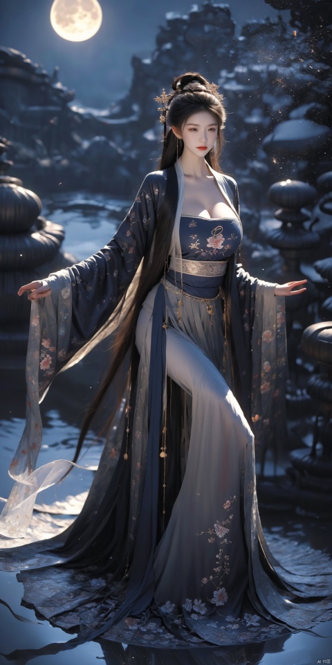  masterpiece,best quality,extremely detailed 8K wallpaper,1girl,chang,long sleeves,(huge breasts:1.23),((moon)),starry sky,(lighting particle),fog,snow,(bloom), qingsha