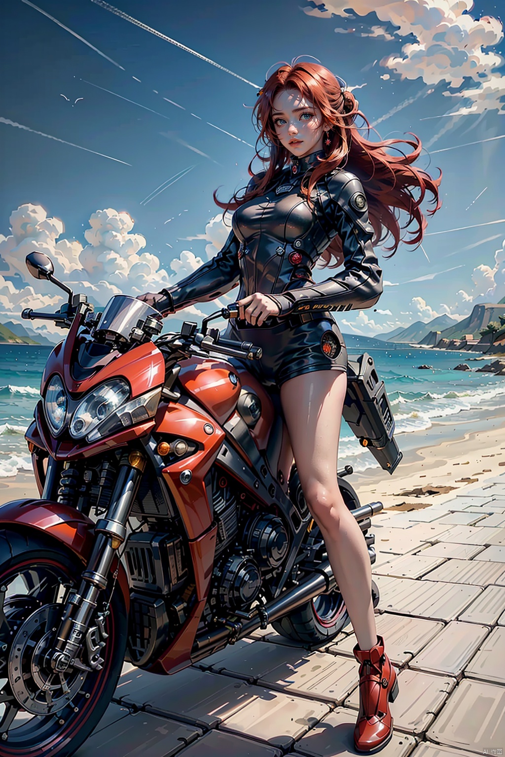  Masterpiece,best quality,(Highest picture quality),(Master's work),(ultra-detailed),{top quality},(sea background:1.2),(1 girl driving a motorcycle:1.4),(red hair:1.3),(bare long leg:1.1),desert background