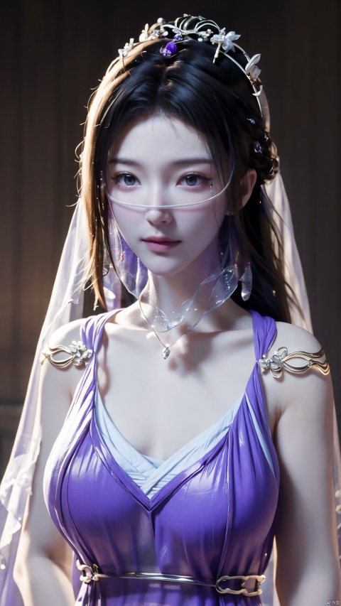 best quality,masterpiece,ziling_xianzi,1girl,solo,long hair,looking at viewer,jewelry,closed mouth,purple eyes,(Purple Veil:1.3),purple hair,(big breasts:1.2), ziling_xianzi