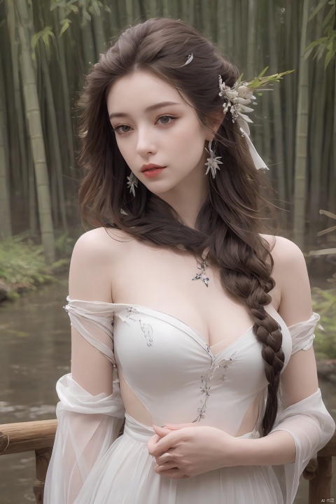outdoor,(large breasts:1.29),flowers,floating hair,sky,rainbow,full moon,sky,stars,(arms at sides:1),(rstanding:1.3),bamboo forest,river,1girl, solo, hair ornament, dress, brown hair, white dress, jewelry, earrings, upper body, braid,  looking at viewer, long hair,official art,extremely detailed cg 8k wallpaper,looking at viewer,(extremely delicate and beautiful),realistic, photo_\(medium\),,Xbaiyijun