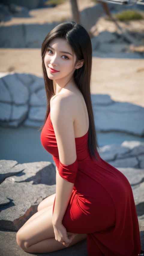  1girl, single shoulder dress, solo, red dress, breasts, black hair, long hair, bare shoulder, mischevious smile, perfect body, scenery, sharp focus, best quality, masterpiece, detailed outfit, illustration, perfect eyes, finely detailed beautiful anime eyes, realistic skin, intricate details, best lighting, depth of field, ultra high resolution, kneeling on floot, from_above