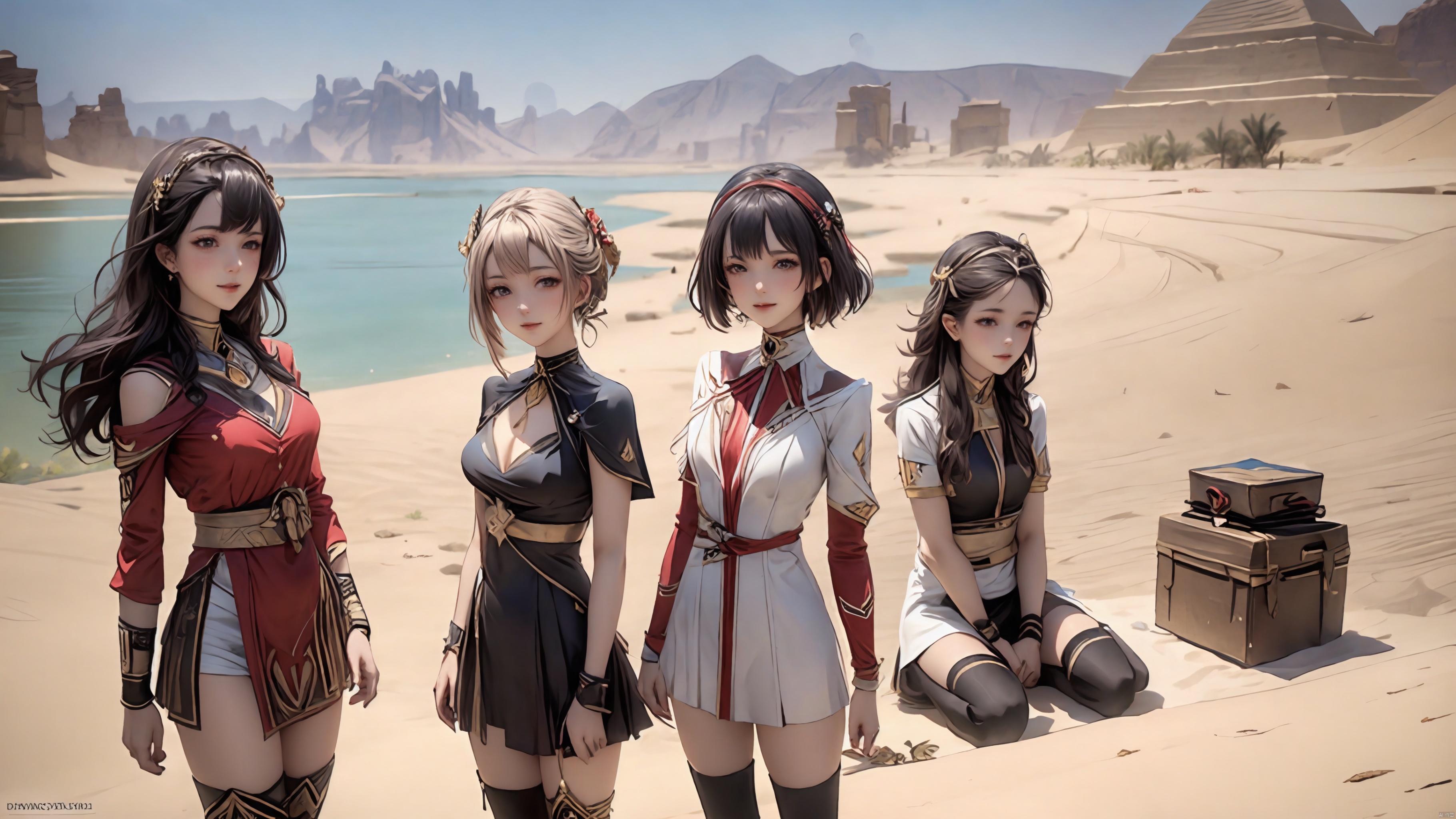  (masterpiece, best quality, best shadow,official art,Ultra High Definition Picture),

4+ girls, multiple colored hairs, random cute faces, group shot, zoom camera, (smile:1.2),
dynamic angle, floating, Desert Oasis Background, Ancient Egypt, lake, kandisi,
(distance shot:1.5), (full_body:1.2), (full body:1.2), 
small breast, long_legs, 
kneehigh_boots, thighhigh_boots, 
pyramid,
front, front_view, standing, knees_together_feet_apart, , Ylvi-Tattoos