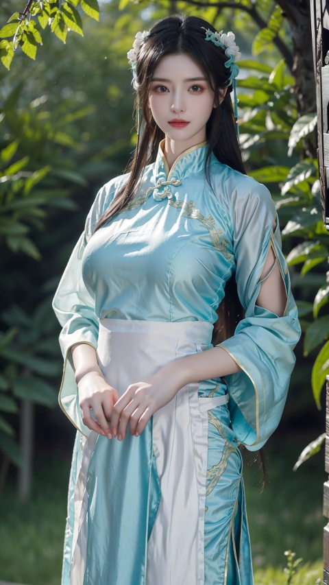  a woman, hanfu, the woman's gaze is directed towards the camera, her posture is upright and poised, and her hands are gracefully positioned by her side. the environment is lush and green, suggesting a serene and natural setting. the hanfu is flowing and drapes elegantly around her, with intricate embroidery and patterns. the overall mood conveyed is one of elegance, tradition, and serenity,(big breasts:1.3)
