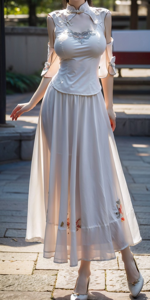 (yello printed chinese upshirt:1.1),(white long skirt),1 girl,full body,(big breasts:1.8), high heels,(short hair:1.1), (realistic:1.7),((best quality)),absurdres,(ultra high res),(photorealistic:1.6),photorealistic,octane render,(hyperrealistic:1.2), (big breasts:1.8), (photorealistic face:1.2), (8k), (4k), (Masterpiece),(realistic skin texture), (illustration, cinematic lighting,wallpaper),( beautiful eyes:1.2),((((perfect face)))),(cute),(standing),(black hair),(short hair), (outdoors), , long skirt, QIPAO,, (big breasts:1.8),1girl