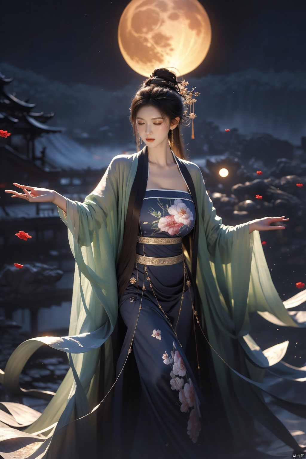  masterpiece,best quality,extremely detailed 8K wallpaper,1girl,chang,long sleeves,huge breasts,((moon)),starry sky,(lighting particle),fog,snow,(bloom), qingsha