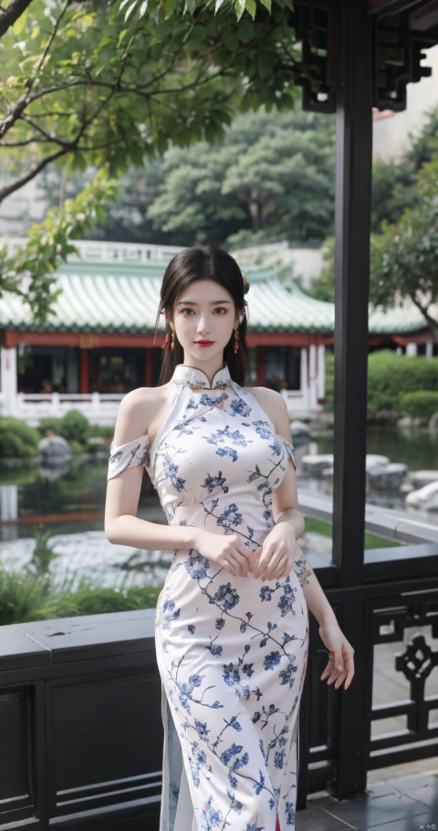 (global illumination, reality,ray tracing, HDR, unreal rendering, reasonable design, high detail, masterpiece,best quality, ultra high definition, movie lighting),
1girl,outdoor,looking_at_viewer,side_blunt_bangs,china_dress,chinese_style,(big breasts:1.73),pose,solo,1girl,black hair,black eyes, (pink flowers:1.3), qipao