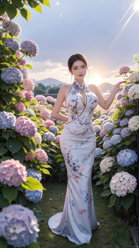  1girl,front,(Turn sideways, look back and smile),full body,mottledsunlight,hydrangea flowers field,photoparticle,refracted light,light particles,sparkle,backlighting,hydrangea flower,china dress\(haihang\),lingxing, (big breasts:1.99),