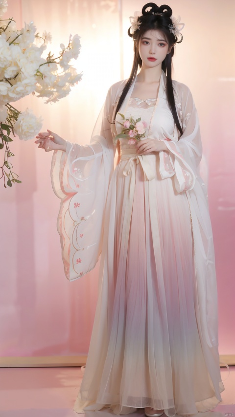  masterpiece,qingyi,danya,1girl,black hair,hanfu,(flower:1.36),realistic,hair ornament,chinese clothes,(Rainbow gradient dress:1.29),black eyes,long sleeves,holding,holding flower,,hanfu,cho girl, longfeihanfu,looking at viewer,(big breasts:1.61)