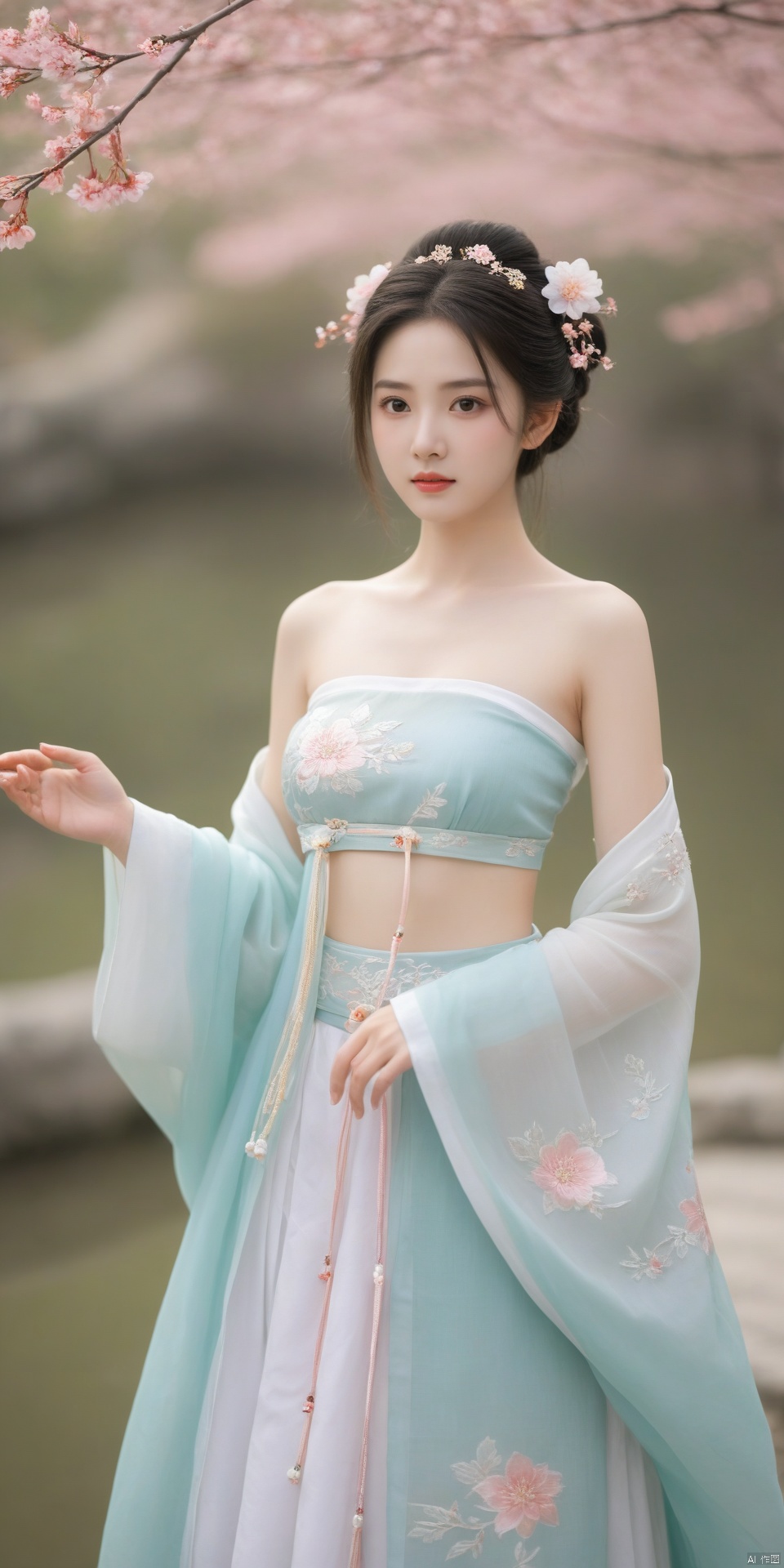  arien_hanfu,1girl,(Masterpiece:1.2), best quality, arien_hanfu,1girl, (spring,flower:1.3), looking_at_viewer,(big breasts:1.66), (plump breasts:1.6),(Tube top Hanfu:1.2),hand101,full body